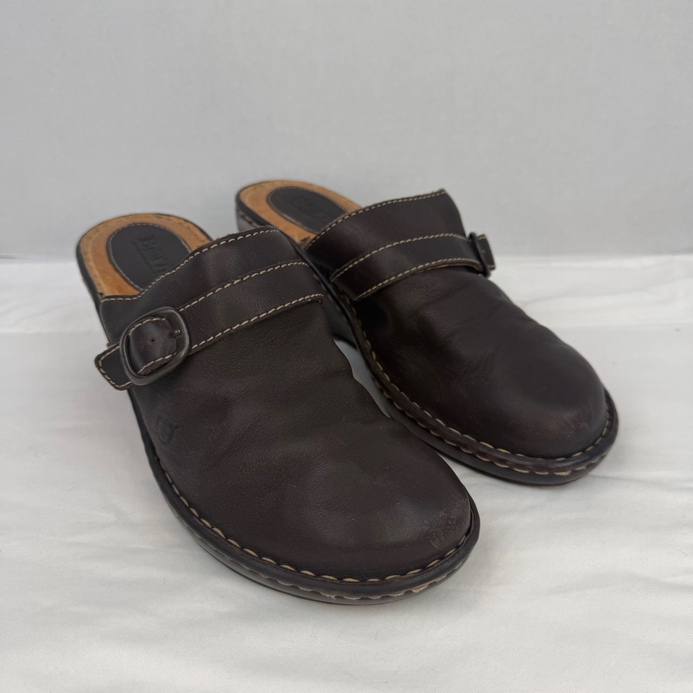 Born‎ Brown Leather Wedge Clogs Mules Buckle Strap Shoes W9513 Womens 10 EU 42